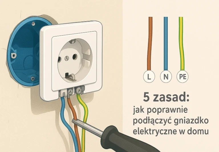 Widok gniazda z przewodami fazowym (brązowy), neutralnym (niebieski) i ochronnym (żółto-zielony).
