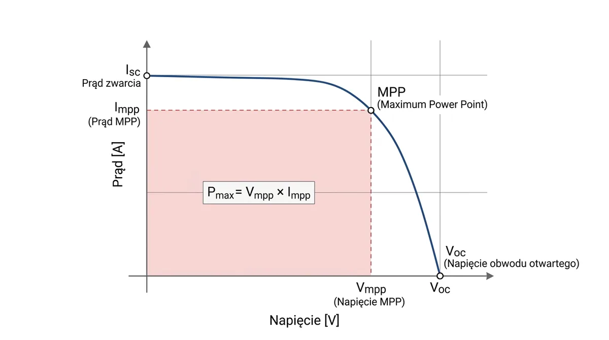 krzywa I-V panelu fotowoltaicznego z zaznaczonymi punktami Vmpp, Impp, Voc i Isc