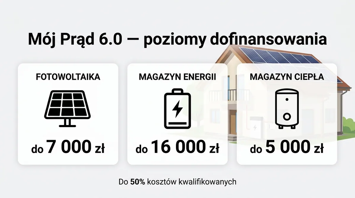 Mój Prąd 6.0 — poziomy dofinansowania: fotowoltaika do 7 000 zł, magazyn energii do 16 000 zł, magazyn ciepła do 5 000 zł Mój Prąd 6.0 — poziomy dofinansowania: fotowoltaika do 7 000 zł, magazyn energii do 16 000 zł, magazyn ciepła do 5 000 zł