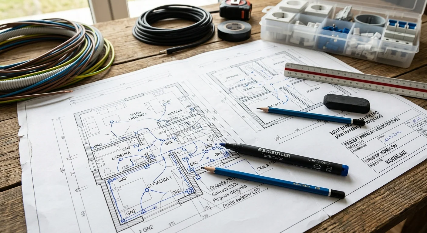 Planowanie instalacji elektrycznej — projekt z rzutem mieszkania, przewodami i akcesoriami na stole warsztatowym